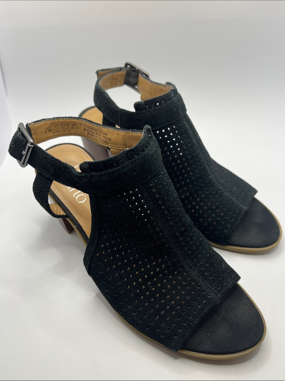 Franco Sarto Black Perforated Suede Open-Toe Ankle Strap Heels